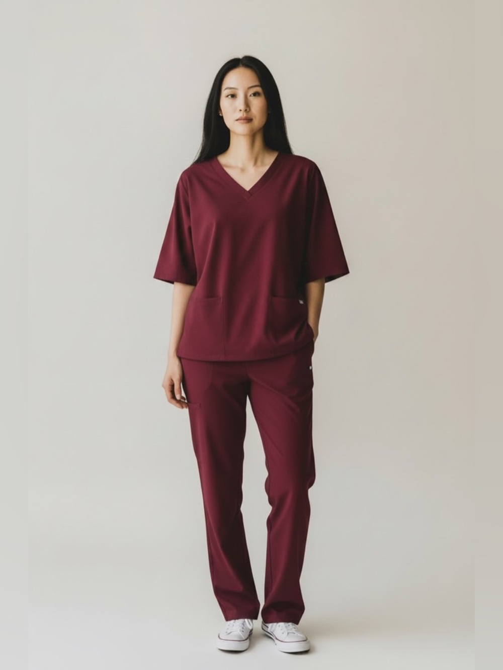 Scrubletics Women's Scrubs Set Top/Bottom Baggy/Loose Burgundy Light Fabric Sz L
